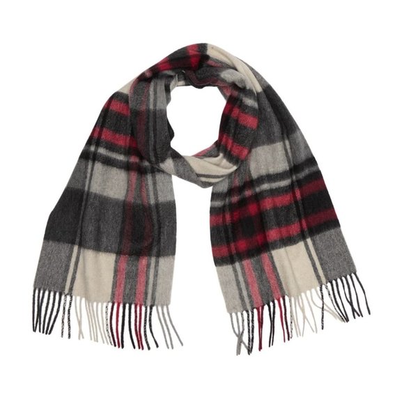Phenix Final Sale Men's 100% Cashmere Tartan Plaid Fashion Fringe Scarf Grey Red - Picture 1 of 4